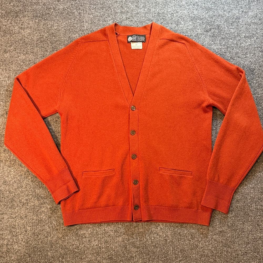 Vintage Neiman Marcus Orange Lambswool Cardigan Sweater Made in England Mens L
